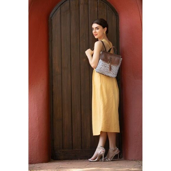Myra Bag Handmade Leffis Backpack Upcycled Canvas & Cowhide Leather main image 5